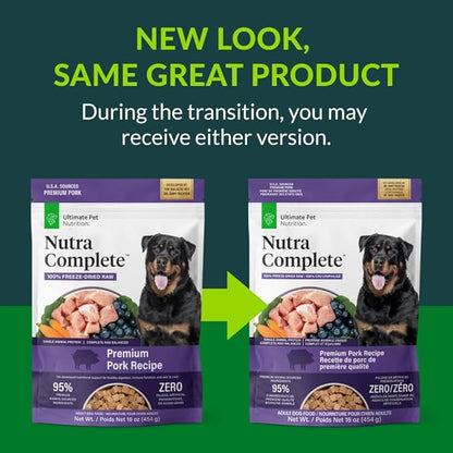 ULTIMATE PET NUTRITION Nutra Complete, 100% Freeze Dried Veterinarian Formulated Raw Dog Food with Antioxidants Prebiotics and Amino Acids, (1 Pound, Pork)