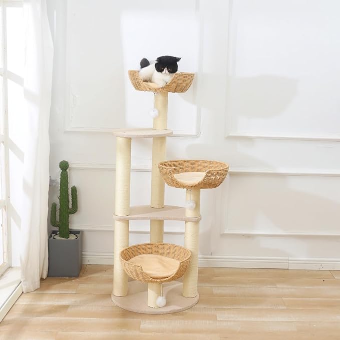 SHENGOCASE Modern Cat Tree Tower, Wooden Condo, 3 Large Rattan Wicker Basket Beds, Window Perch for Cats up to 20 lbs