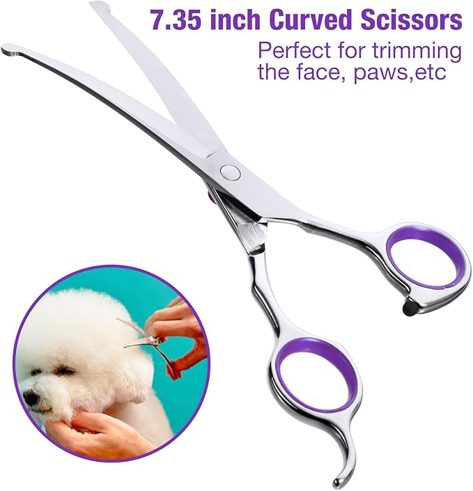 Professional Dog Grooming Scissors with Safety Round Tips, 3 in 1 Dog Grooming Scissors Kit, 4CR Stainless Steel Pet Grooming Shears, Sharp and Sturdy, Purple