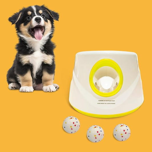 Automatic Dog Ball Launcher-Small Silent Dog Ball Thrower, 3 Adjustable Distances (20ft/33ft/46ft), Rechargable,Includes 3 Durable 2.3" Balls for Small/Medium Dogs (Yellow, Medium)