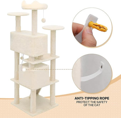 MoNiBloom 60 Inch Cat Tree Tower for Indoor Cats Large Adults, Cat Tower with Scratching Post, Multi-Level Furniture Activity Center with Cat Condo Pet Play House, Beige