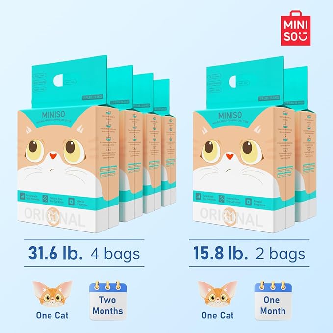 MINISO Clumping Cat Litter, Tofu+Bentonite+Cassava, Odor Control, Rapid Clumping, Water Absorbent and Toilet Flushable, Multi-Cat, Gardenia Style, 15.8lb (2 Pack of 7.9lb Bags)