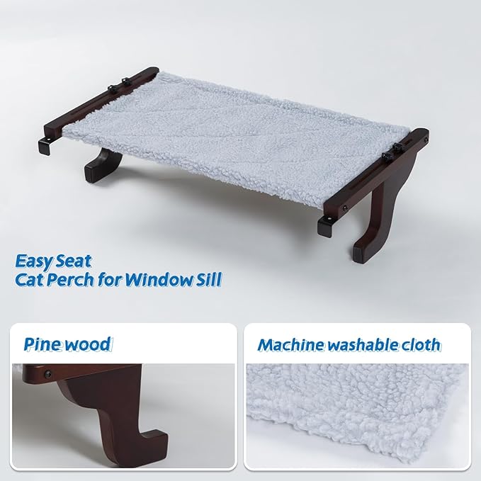 Zakkart 2PC Easy Seat Cat Perch for Window Sill - Hammock Design w/Pine Wood & Robust Metal Frame - Cat Window Seat for Large Cats and Kittens (Dark Stained Wood w/Gray Bed, Medium (23''W x 14''D))