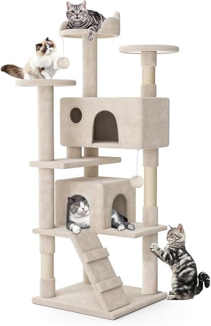 MoNiBloom 60 Inch Cat Tree Tower for Indoor Cats Large Adults, Cat Tower with Scratching Post, Multi-Level Furniture Activity Center with Cat Condo Pet Play House, Beige