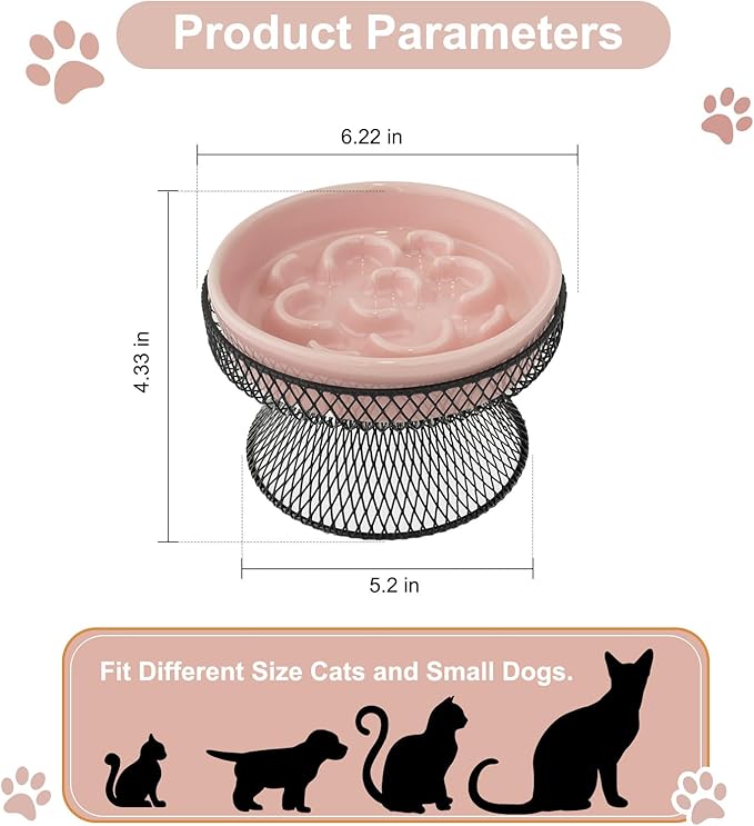 Raised Ceramic Cat Slow Feeder Bowl Elevated Food Bowl with Stand, Cat Slow Bowl for Wet Food and Dry Food, Whisker Friendly Pet Feeder for Kitty and Small Dog