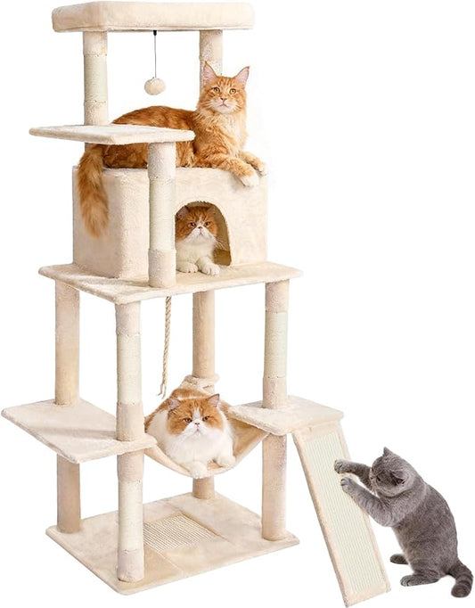 ABCPET Cat Tree Tower 63in Multi-Level Cat Tower for Indoor Cats with Sisal Scratching Posts, Condo, Hammock, Dangling Ball and Extended Platform for Cats to Play, Beige