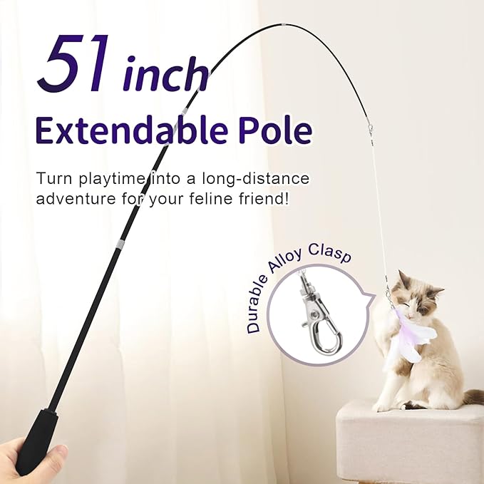 SONGWAY Cat Wand Toys for Indoor Cats - Cat Toy Set with Retractable Teaser Wand and 6 PCS Fairy Feather Toy Refills, Dragonfly Tassel Plush Cat Toys Interactive, Purple