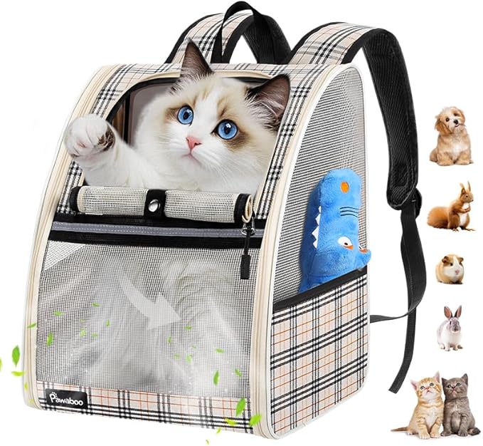 Pawaboo Cat Carrier Backpack, Pet Carrier Backpack for Kitties Small Dogs Puppies, Breathable Cat Bag Carrier, Small Dog Travel Backpack Carrier for Kitten Puppy Bunny, up to 22lbs, Apricot