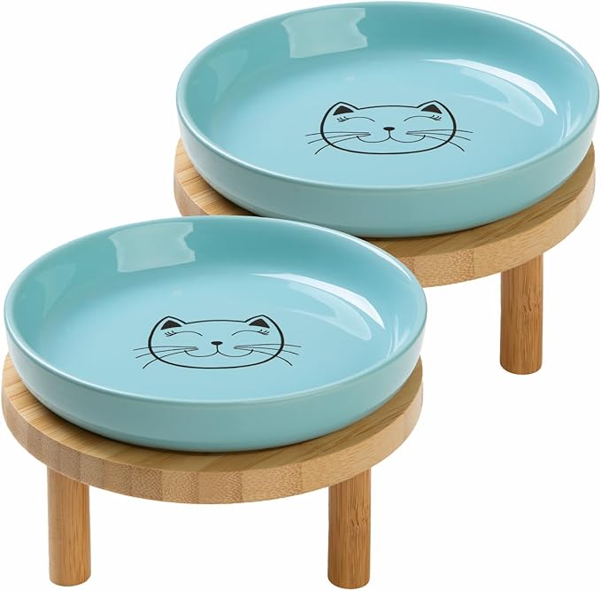 Shallow Elevated Cat Bowls,5.9 Inch Wide Raised Ceramic Cat Dishes with Bamboo Stand, Whisker Friendly Pet Water or Food Plates Feeding Station for Indoor Cats, Kitten (Blue,Set of 2)