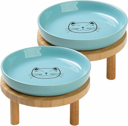 Shallow Elevated Cat Bowls,5.9 Inch Wide Raised Ceramic Cat Dishes with Bamboo Stand, Whisker Friendly Pet Water or Food Plates Feeding Station for Indoor Cats, Kitten (Blue,Set of 2)