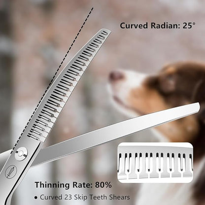 HASHIMOTO Curved Eraser Dog Grooming Scissors, 23 Teeth,7.0 Inch,80% Thinning Rate,Light Weight, Designed for Bulking off Coat Quickly.