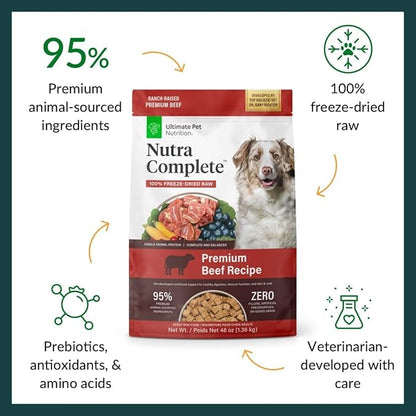 ULTIMATE PET NUTRITION Nutra Complete, 100% Freeze Dried Veterinarian Formulated Raw Dog Food with Antioxidants Prebiotics and Amino Acids, (3 Pound (Pack of 2), Beef)