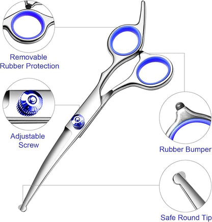 Professional Dog Grooming Scissors Kit, Titanium Coated Dog Scissors for Grooming, Grooming Shears Kit - Straight,Thinning, Curved Scissors and Comb for Dog Cat Pet (Blue 5 in 1)