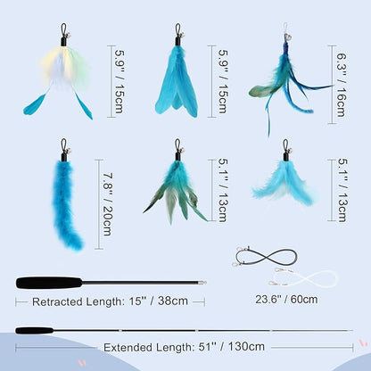 SONGWAY Cat Wand Toys for Indoor Cats - Cat Toy Set with Retractable Teaser Wand and 6 PCS Fairy Feather Toy Refills, Dragonfly Tassel Plush Cat Toys Interactive, Blue