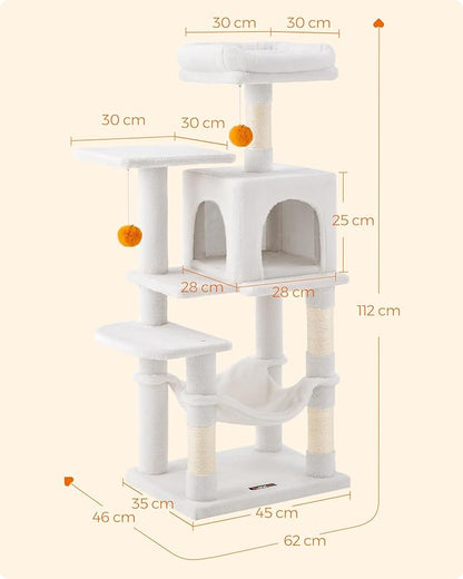 Feandrea Cat Tree, 44.1-Inch Cat Tower for Indoor Cats, Multi-Level Cat Condo with 4 Scratching Posts, 2 Perches, Hammock, Cave, Cream White UPCT261T01