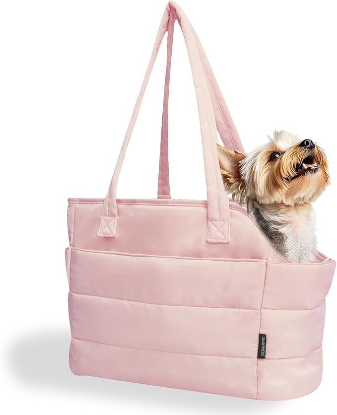 Lightweight Dog Purse Carrier for Small Dogs Under 15 lbs, Puffy Quilted Pet Carrier Tote for Puppies with Safety Leash Clip, Women's Hands-Free Dog Carrier Bag for Travel/Shopping (Pink)