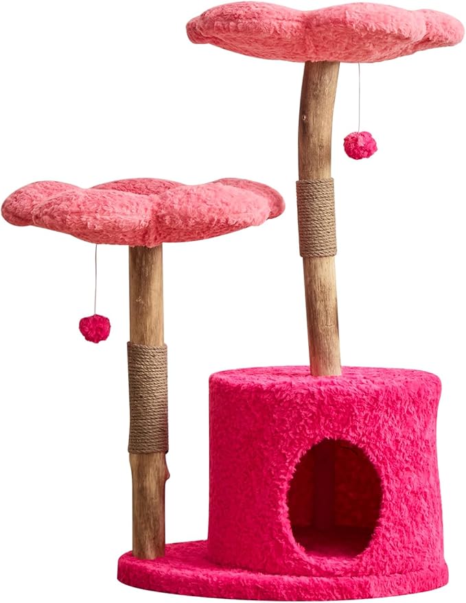 Modern Cat Tree Tower with Real Branch | Luxury Cat Condo for Large Cats | Wooden Cat Tower | Cat Scratching Tree for Cat Lover Gift （Pink ）