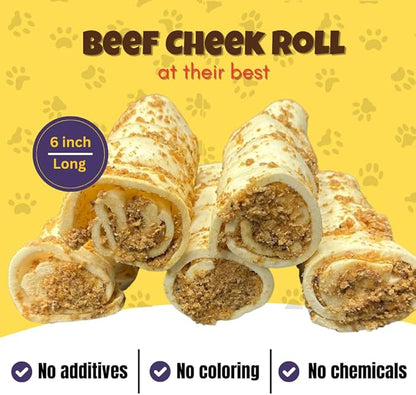Woofley's 5-6" Bully Dusted Beef Cheek Roll - (20 Count)- Beef Cheek Rolls for Dogs - Long Lasting Natural Dog Chews