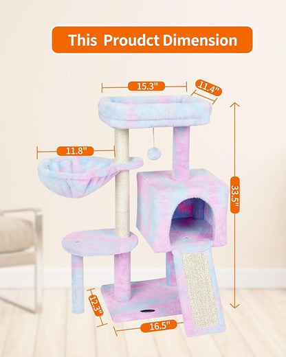 FISH&NAP Cute Cat Tree Kitten Cat Tower for Indoor Cat Condo Sisal Scratching Posts with Jump Platform Cat Furniture Activity Center Play House Rainbow