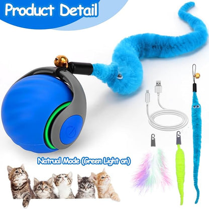 Interactive Cat Toy Ball - Speedy Cat Toys for Indoor Cats with Feather Tails for Chasing, Moving Stimulation Smart Cat Toy for Enrichment, Motion Activated Automatic Rolling Toys to Keep Them Busy