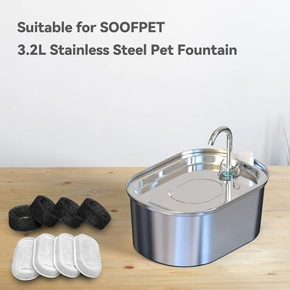 SOOFPET Stainless Steel Cat Water Fountain Filters: 8-Pack (Carbon + Foam) - Replacement for 108oz/3.2L Dog Bowl Dispenser