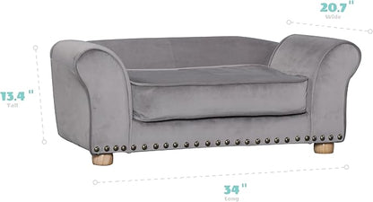 Critter Sitters 34-in. Faux Velvet Pet Bed Sofa in Dark Gray for Medium-Sized Dogs and Cats, Durable Indoor Pet Furniture for Bedroom, Living Room