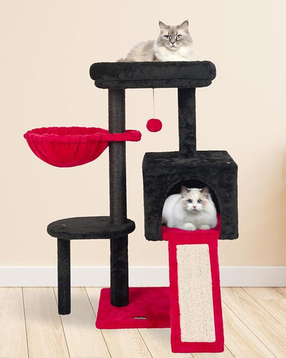 FISH&NAP Cute Cat Tree Kitten Cat Tower for Indoor Cat Condo Sisal Scratching Posts with Jump Platform Cat Furniture Activity Center Play House RedBlack