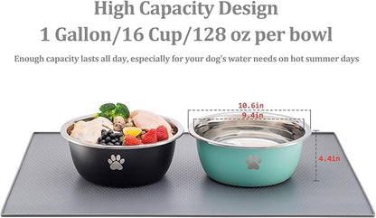 Large Dog Water Bowl 2 Pack, 1 Gallon 128oz Stainless Steel Extra Large Dog Food Bowl for Big Giant Dogs, Aqua