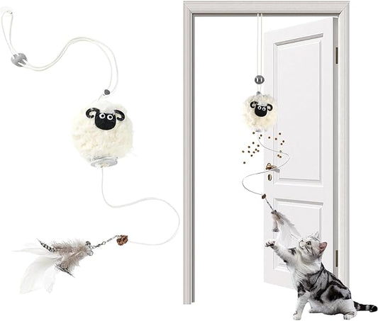 Interactive Cat Toys for Indoor Cats - [2025 New] Elastic Cat Feather Toys with Lamb-Shaped Puzzle Dispenser, Hanging Enrichment Toy That Delivers Joy and Award