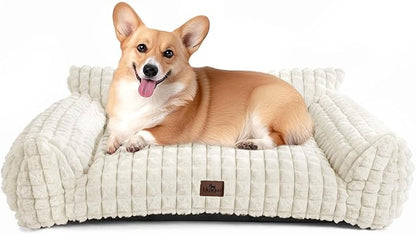 Cute Dog Couch Bed for Small Medium Dogs Cats- Supportive & Fluffy Faux Rabbit Fur Pet Beds, Washable Furry Puppy Beds with Removable Zipper Cover, 37x27x10 inches, Off White