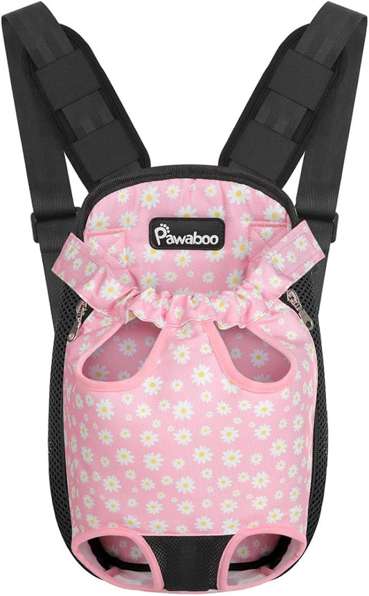 Pawaboo Pet Carrier Backpack, Adjustable Pet Front Cat Dog Carrier Backpack Travel Bag, Legs Out, Easy-Fit for Traveling Hiking Camping for Small Medium Dogs Cats Puppies, Small, Black + Pink Daisy