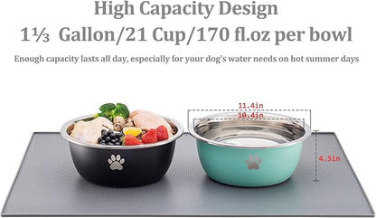 Large Dog Water Bowl 2 Pack, 1.3 Gallons 170oz Stainless Steel Extra Large Dog Food Bowl for Big Giant Dogs, Aqua