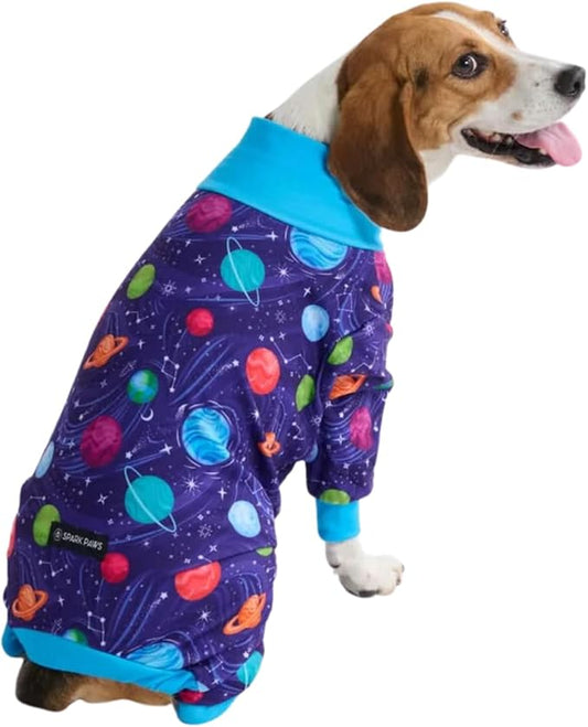 Spark Paws Dog Pajama, Dog Recovery Suit Male, Onesie, Ultra-Soft and 4-Way Stretch, for Small Medium and Large Breeds - Planets - 2XL
