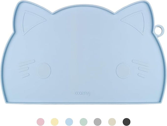 Coomazy Cat Food Mat - Thicker Dog Feeding Mat with Raised Edge, Non-Slip Silicone for Floor, Waterproof (Blue, Medium)
