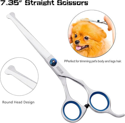 6 in 1 Dog Grooming Scissors for Dogs with Safety Round Tips, Curved Dog Grooming Scissors,Professional Pet Shears Set for Dogs and Cats, Blue