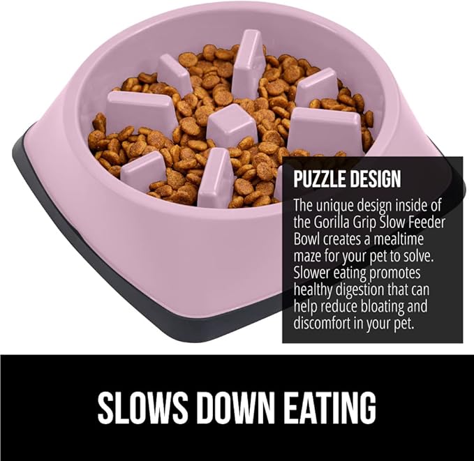 GORILLA GRIP Patent Pending Slow Feeder Dog Bowls, Interactive Puzzle Toy for Dogs and Cats Food Training, Keeps Pets Busy and Prevents Puppy Overeating, All Breeds, 100% BPA Free, 2 Cup, Pink