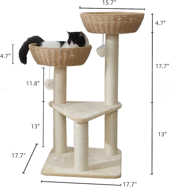 SHENGOCASE Cat Tree Tower with Rattan Wicker Basket, 2 Handwoven Large Nest Baskets Bed, Window Perch for Large Cats up to 20LBS