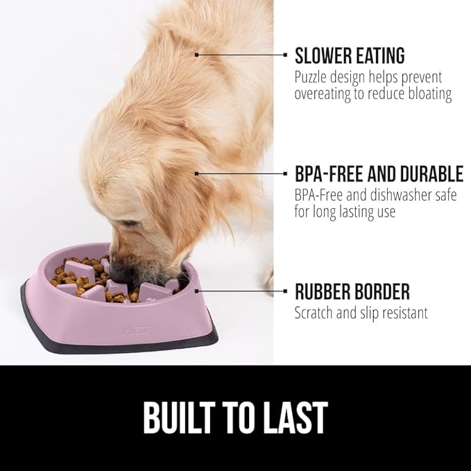 GORILLA GRIP Patent Pending Slow Feeder Dog Bowls, Interactive Puzzle Toy for Dogs and Cats Food Training, Keeps Pets Busy and Prevents Puppy Overeating, All Breeds, 100% BPA Free, 2 Cup, Pink
