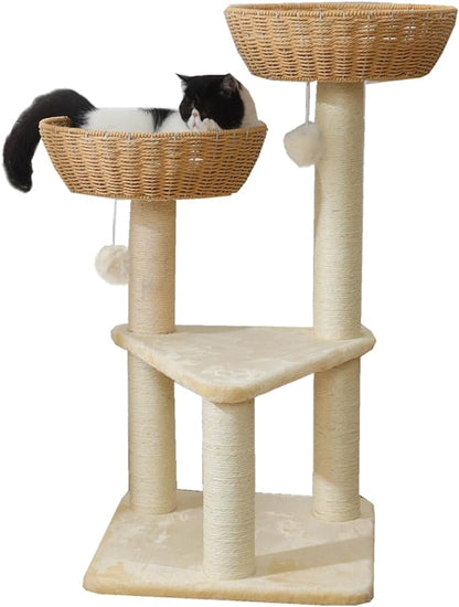 SHENGOCASE Cat Tree Tower with Rattan Wicker Basket, 2 Handwoven Large Nest Baskets Bed, Window Perch for Large Cats up to 20LBS