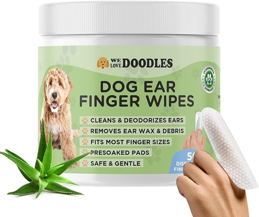 We Love Doodles Dog Ear Wipes - Pre Soaked Finger Ear Wipes for Dogs, Safe & Gentle Ear Cleaner for Dogs, Cleans & Deodorizes, Pet Wipes for Dogs, Dog Cleaning Wipes for Easy Grooming (50 Pieces)