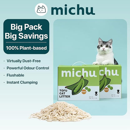Michu Tofu Cat Litter Gen3 – 100% Natural & Biodegradable Clumping Formula, Fast-Clumping, Odor-Control, Flushable, Low-Tracking, Dust-Free – Value Box, 2 Boxes=22 lb, Original