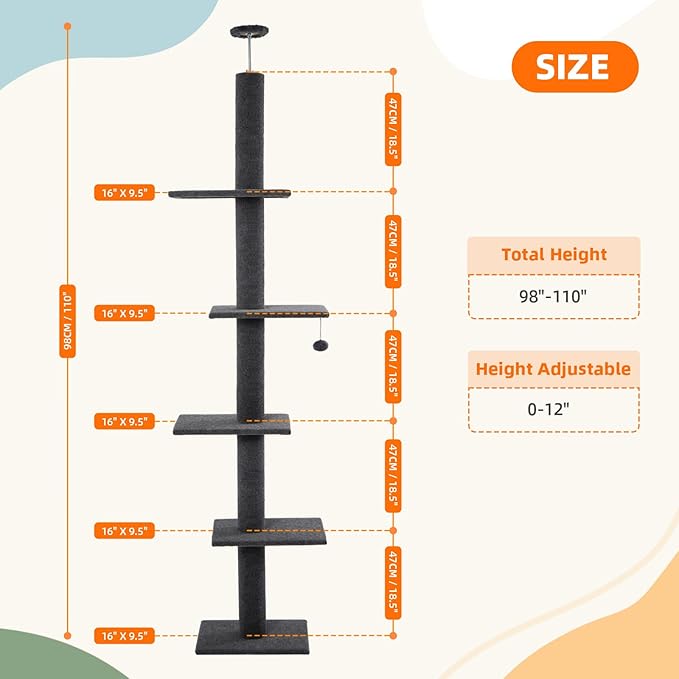 Cat Craft Cat Tree Floor to Ceiling Cat Tower 98-108" Carpet Kitten Tree 5-Tier Scratching Post and Mat Cat Pole for Indoor Cats, Charcoal