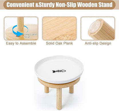 Shallow Elevated Cat Bowls with Bamboo Stand, 5.9 Inch Wide Ceramic Cat Dish Whisker Friendly,Pet Food and Water Plates
