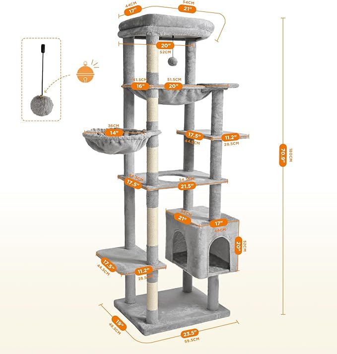 Made4Pets Tall Cat Tree, 71 Inches Cat Tree Tower for Indoor Cats Large Adult, Plush Multi-Level Cat Tower with 5 Scratching Posts, 2 Hammock, Condo and Perch, Big Cat House Indoor, Grey