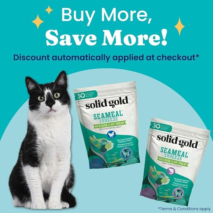 Solid Gold Lickable Cat Treats - Limited Ingredient Tuna SeaMeal™ Squeezable Healthy Cat Treats for Indoor Cats w/Seaweed for Gut & Immune Support - 0.5oz Pack of 30