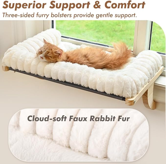 Cloud-Soft Cat Window Sill Perch with Zipper Designed Cushioned Bed, Supportive Cat Window Seat with Premium Solid Wood & Sturdy Metal Frame, Pet Hammock Bed for Large Cats (Large, White)