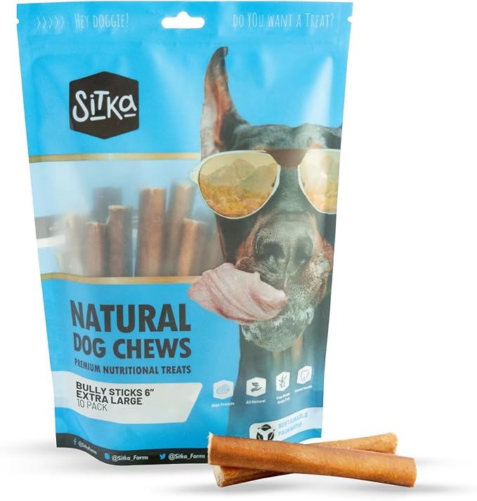 Sitka Farms Bully Sticks - Long Lasting Natural Chew Treats for Dogs (6 Inch, 10 Count)