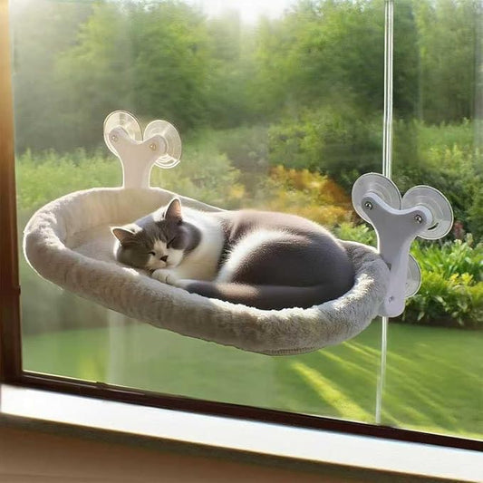 Cat Window Perch with 6 Strong Suction Cups,Mats That can be Switched Between Winter and Summer,Foldable Cordless Cat Beds Can Bear 50LBS Weight (Grey)