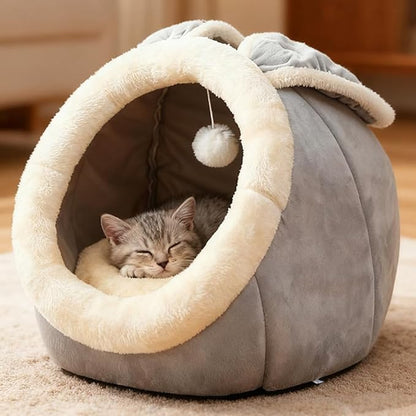 Lcybem Cat Beds for Indoor Cats - Rabbit-Shaped Cat Cave Bed with Hanging Toy,Super Soft Calming Pet Bed for Kitten,Small Dog,Warm Plush&Machine Washable&Removable Cotton Pad,cat Hideaway