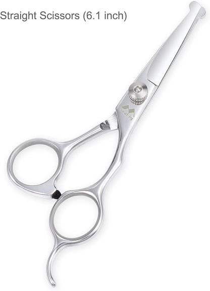 Dog Grooming Scissors Kit with Round Tip, 6 in 1 Cat Dog Scissors, Stainless Steel Pet Grooming Shears, Straight, Curved, Thinning Shears, Comb for Full Body, Face, Nose, Ear & Paw